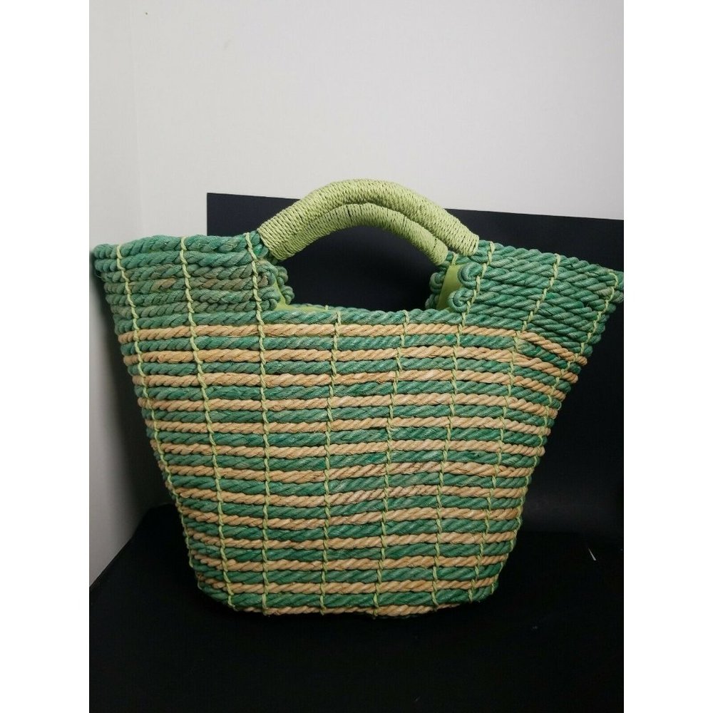 April Cornell Large Straw Handbag Handles Green Stripes Design Zipper Broken